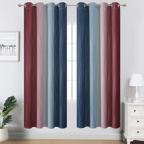 Image of Estelar Textiler Navy Blue and Burgundy Red Ombre Blackout Curtains for Living Room,Energy Efficient Room Darkening Drapes, Grommet Thermal Insulated Window Treatments for Bedroom,52Wx72L,2 Panels