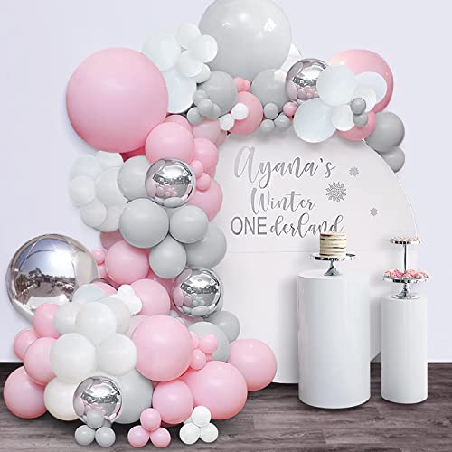 Unisun Rose Gris Ballon Guirlande, 129Pcs Pink Gris Blanc Macaron Pastel Latex Ballon Arche Kit avec Métallique Argent 4D Ballon pour Filles Femmes Anniversaire Baby Shower Baptême Décorations