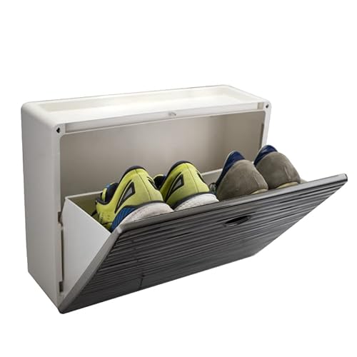 VIRSUS Scarpiera Salvaspazio Slim W5, 51x17x40 cm, anta singola a ribalta, per 2 paia di scarpe, frontale effetto onda, chiusura magnetica, svuotatasche, a parete da ingresso, bagno (Grigio)