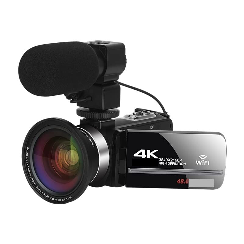Caméscope 4K 48MP pour vlog avec carte SD 64G, micro et objectif inclus