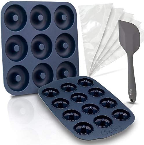 Chefast Silicone Donut Pans Combo Kit: Non-Stick Large and Mini Donut Pan Baking Molds, Spatula, and 5 Pastry Bags - for Full-Size and Small Donuts - Bagels and Doughnuts Maker Set