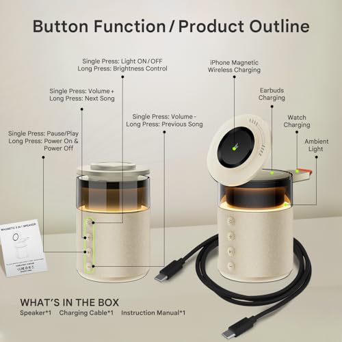 Image of Humble 5-in-1 Magnetic Wireless Charger with Bluetooth Speaker | Mag-Safe Charging Dock for iPhone Series 17 /16 /15 /14 /13 /12, iWatch & AirPods | Fast Charging Phone Stand with Night Lamp (Cream)