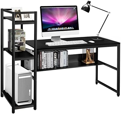 CASART Wooden Computer Desk, Metal Frame Study Wrting Table with Storage Shelves, Space-Saving Study Desk Gaming Table for Home Office (Black)