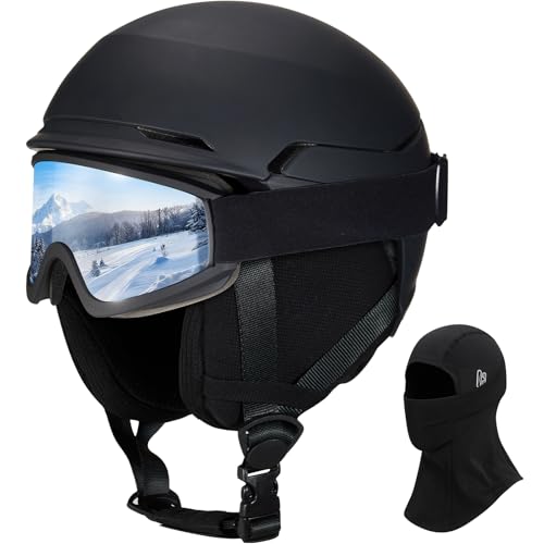 JQF Gear Ski Helmet Snow Snowboard Helmet for Adults, Adjustable Snowboarding Helmets DXH-811 with Goggles for Snow Sport Men and Women (Matte Black-ski Goggles with Ski mask, Small)