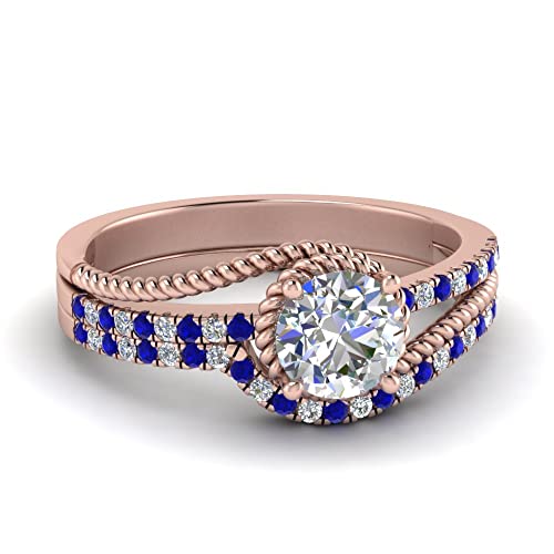 Image of Choose Your Gemstone Rope Split Shank Wedding Ring Set Rose Gold Plated Round Shape Wedding Ring Sets Everyday Jewelry Wedding Jewelry Handmade Gifts for Wife US Size 4 to 12