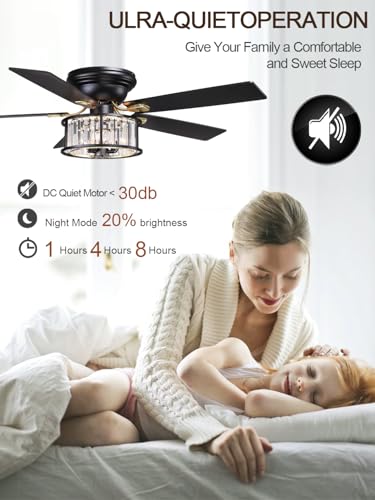 Image of 52 Inch Flush Mount Chandelier Ceiling Fan with Lights Rustic Ceiling Fan Low Profile Farmhouse Fandelier Chandelier Light for Bedroom Living Room, 3 E26 Bulbs (1)