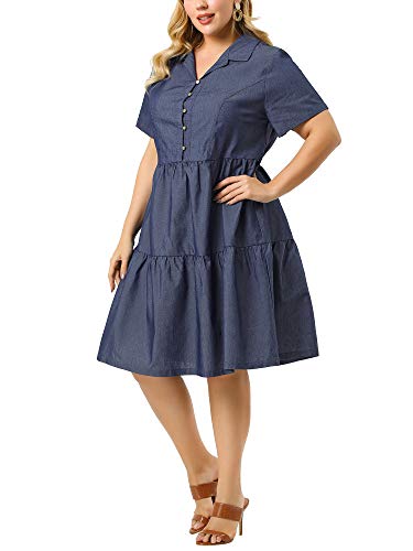 Agnes Orinda Plus Size Chambray Dress for Women Short Sleeve Button Down Flowy Tiered Shirt Dresses 2X Blue