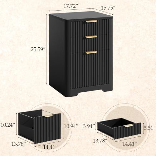 Image of Halitaa 3 Drawers File Cbinet, Fluted Wood Lateral Filing Cabinet, Black