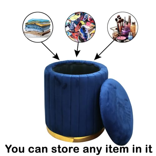 Image of Round Velvet Luxurious Storage Ottoman, Pouf with Storage Vanity Stool Chair,Upholstered Foot Rest Stool with Gold Strip Base for Living Room or Bedroom (Blue., Large-40Dx40Wx46H)