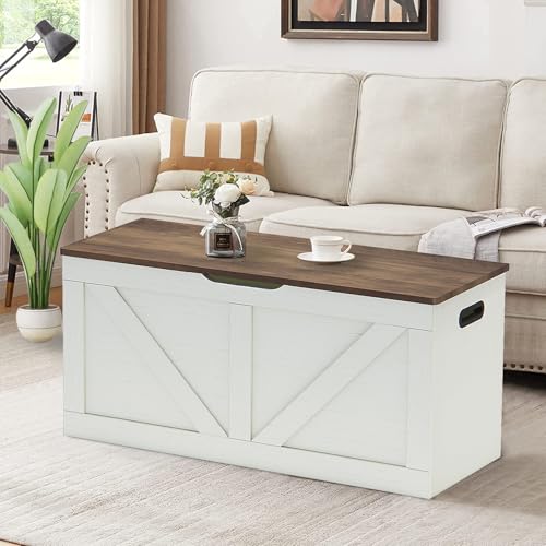 Timberer 39.4\" Storage Chest, Wooden Storage Bench, Large Storage Trunk with 2 Safety Hinges, Entryway Shoes Bench for Living Room, Bedroom, Brown and Rustic White - Thumbnail 5