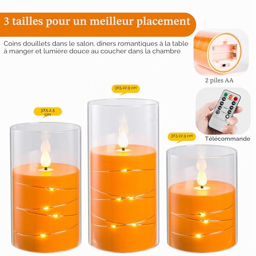 Bougies LED orange transparentes avec guirlande lumineuse intégrée x3