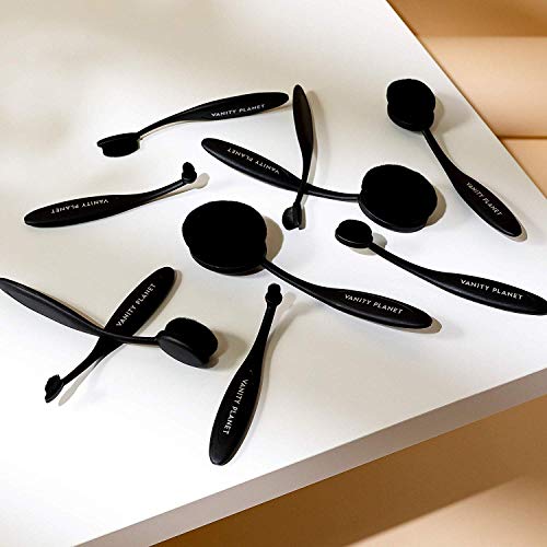 Vanity Planet Makeup Brushes (Midnight Black), Blend Party Oval Makeup Brush Kit with Ergonomic Handles, Soft Synthetic Bristles, Unique Design- Set of 10