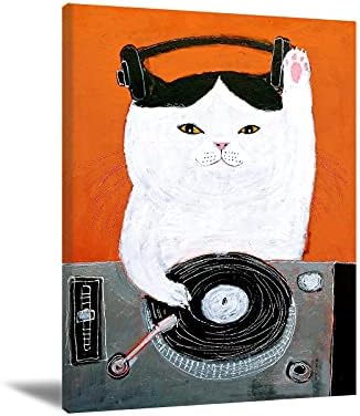 BOUHES Cat Canvas Wall Art Cat Poster Music DJ Cat Canvas Printed Painting Animals Funny Kitten Cat Wall Art Lovely Pet Canvas Prints For Kids Room Bathroom Living Room Wall Decor UNFRAMED
