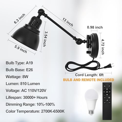 Image of GOODATE 1 Pack Plug in Wall Sconce with Remote Control, Stepless Dimming & Stepless Colors 2700K-6500K, Plug in Wall Light, Swing Arm Wall Lamp with Night Light & Timer, LED Bulb Included