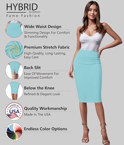 Image of Hybrid & Company Women's Premium Nylon Ponte Stretch High Waist Pencil Suit Skirt Below Knee