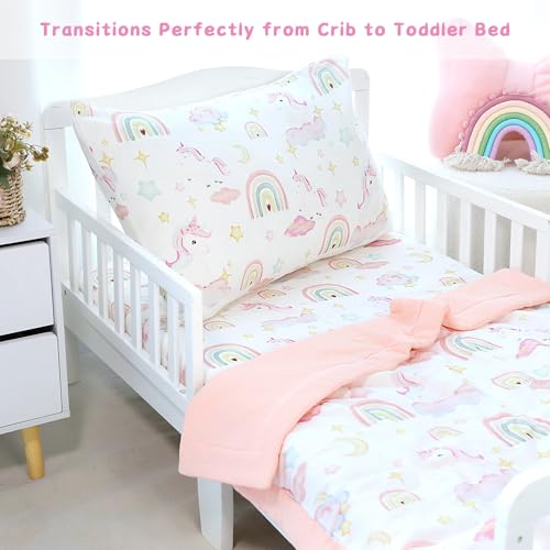 Image of Pea Pod Muslin Toddler Bedding Set 3-Piece - Soft Breathable Crib Bedding with Fitted Sheet, Quilt & Pillowcase for Infant & Kids Bed | Machine Washable Nursery Bed Set, Unicorn Rainbow
