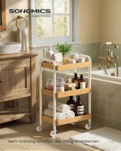 SONGMICS Rollwagen, Servierwagen, Küchenwagen, Küchenregal mit Griffen, einfacher Aufbau, für Schlafzimmer, Badezimmer, Küche, Stahlgestell, 27,5 x 41,3 x 73 cm, naturbeige LRC081YL01