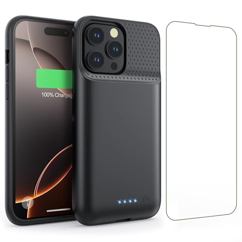 Feob Funda Batería para iPhone 16 Pro MAX, 8600mAh 15W Funda Cargador Portatil Carcasa Batería Recargable con Protector de Pantalla de Vidrio Templado para iPhone 16 Pro MAX [6,9 Pulgadas] (A-Negro)