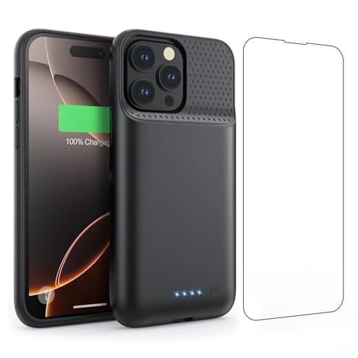 Feob Funda Batería para iPhone 16 Pro MAX, 8600mAh 15W Funda Cargador Portatil Carcasa Batería Recargable con Protector de Pantalla de Vidrio Templado para iPhone 16 Pro MAX [6,9 Pulgadas] (A-Negro)