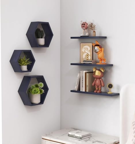 Image of Wooden Floating Wall Mounted Set of 6 Hexagon Shelves Display Shelf for Photos, Plants, Rustic Honeycomb Shelves for Living Room, Bedroom, Bathroom, Kitchen, Office (Navy)