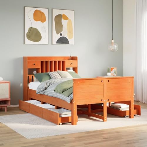 SKM Cama con estantería sin colchón Madera Maciza marrón 135x190cm,Mobiliario,Camas y Accesorios,Camas y somieres,Marrón,67.3 kg,3308938