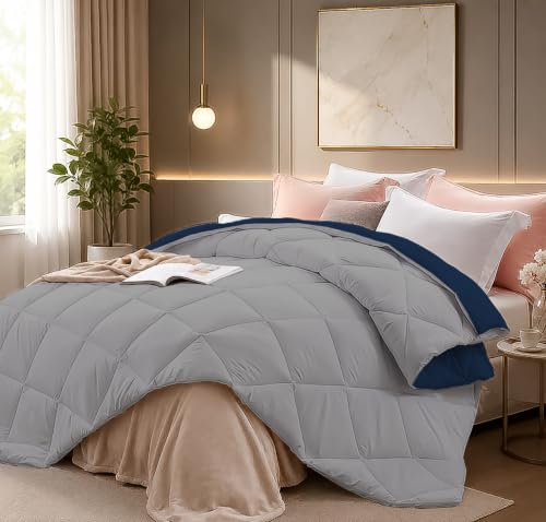 Image of Super Comfort Microfiber 300 GSM Reversible Winter Comforter for Single Bed Rajai /Blanket Diamond Stitch (60 inch x 90 inch Inches /152cm x 228cm) - Comforter Single Bed|Silver /Navy Blue