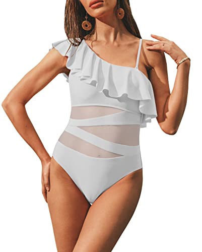 Lannew Women's White One Piece Tankini Bathing Suit Tummy Control Ruffle One Shoulder Modest Cute Monokini Swimsuits For Curvy Women Cheeky Contrast Mesh Full Coverage High Cut Flattering Swimwear #TOP1