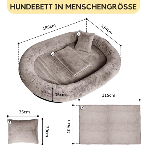 FURRYFECTION Hundebett für Menschen, 180x114x35,6cm großes Hundebett in Menschengröße für Erwachsene und Haustiere, waschbarer Kunstfellbezug, riesiges Nickerchenbett mit Decke und Kissen