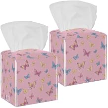 2 Pack Butterfly Pink Tissue Box Cover, Square PU Leather Tissue Holder, Decorative Facial Tissue Cube Paper Organizer Dispenser for Bathroom, Night Stands, Desk, Car