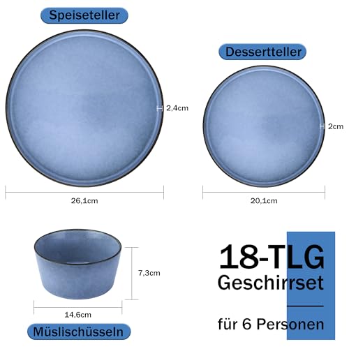 Homikit Geschirr Set 6 Personen, 18-tlg Steinzeug Geschirrset Tafelservice, Reaktive Glasur Müslischüsseln, Dessertteller und Speiseteller, Mikrowellen- und Spülmaschinenfest, Gelassenheit Blau