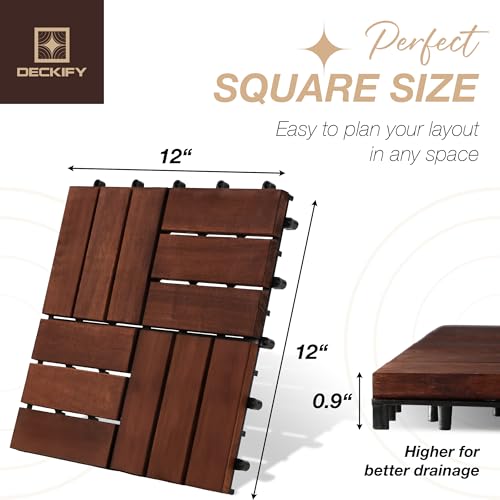 DECKIFY 9Pcs Premium Acacia Wood Interlocking Patio Deck Tiles, 12 x 12 x 0.9 Inch Outdoor Flooring, Waterproof for All-Weather Use – Crossed, Dark Brown by DECKIFY - Image 2