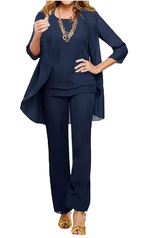 Botong 3 PC Chiffon Mother of the Bride Pants Suits Wedding Guest Outfit Formal Evening Dress Wedding Party Outfit Navy UK20