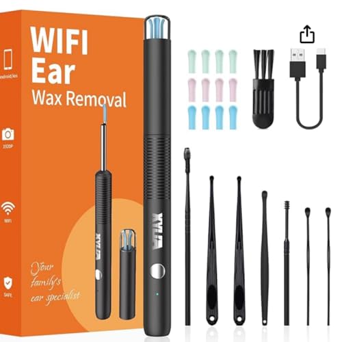 Xylla Otoscopio Limpiador de Oidos Cera 3,5mm-Endoscopio con WiFi 1920P Camara y 6 LED con 12 Orejeras de Silicona +8 Herramientas...