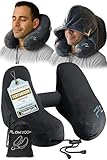 FLOWZOOM Air Nackenkissen Flugzeug in H-Design, Reisekissen für 5 Schlafpositionen, schnell aufblasbar & druckregulierbar, Nackenhörnchen mit Abnehmbarer Kapuze & Plüschbezug - Größe L, Schwarz