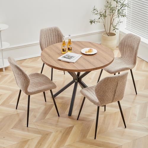 GrandCA HOME - GrandCA HOME Ensemble Table et Chaises à Manger, Table à Manger Ronde de 100 cm et 4 Chaises en Lin Modernes, pour Salle à Manger, Cuisine, Salon, Foncé + Marron