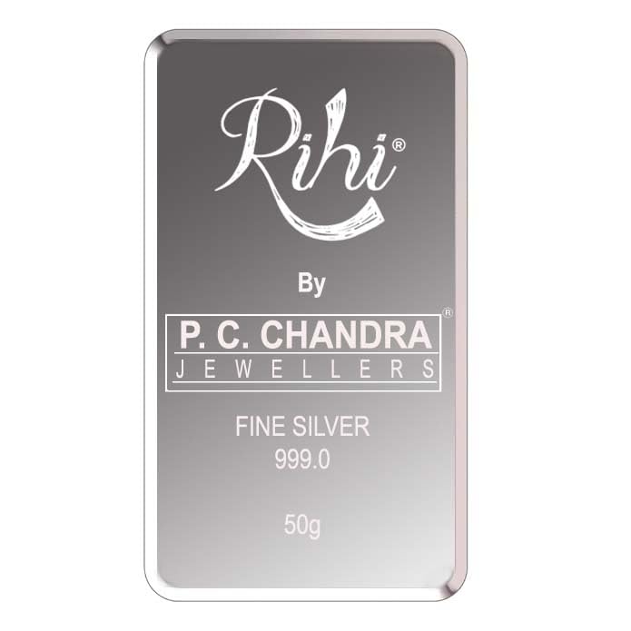 Rihi By P.C. Chandra Jewellers 999 Purity Silver Bar cum Coin 50 Gram, New Item Dimensions: 3.6 X 5.23 Centimeters