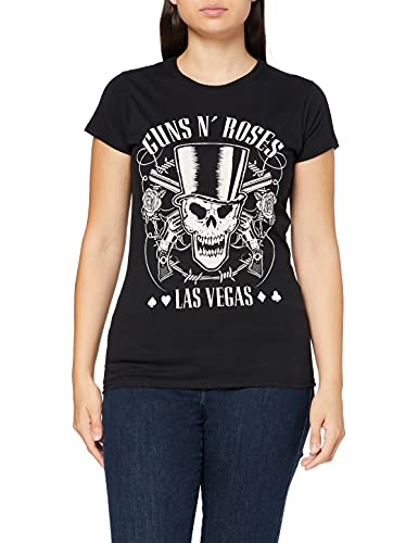 Image of Guns & Roses Women's Guns N' Roses Top Hat, Skull & Pistols Las Vegas T-Shirt, Black (Black Black), 10