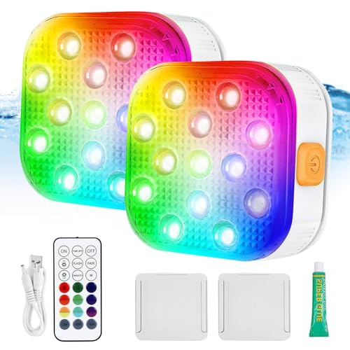 Lumière Piscine, 2 Pièces Lampe Piscine, Lumières De Piscine, Rechargeable Eclairage Led Submersible, Étanches Ip68, 16 Lumières À Changement De Couleur Avec Télécommande