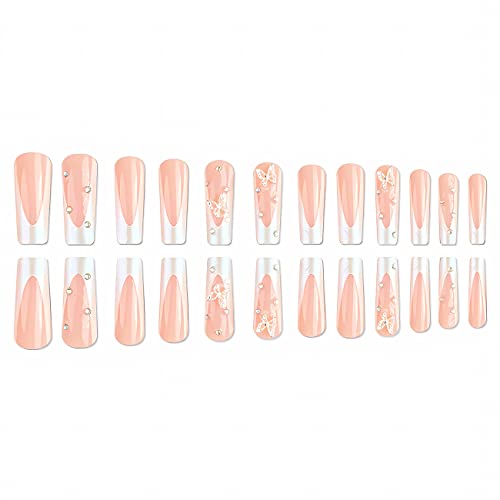 24Pcs Long Square Fake Nails French Tip Press On Nails 3D Metal Butterfly Glue On Nails Glossy Rhinestone Acrylic Nails Pink White False Nails Long For Women Manicure Decorations #TOP3