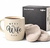 Triple Gifffted Worlds Best Wife Ever Coffee Mug and Socks Gifts For Women From Husband For Valentines For Her Birthday Wedding Anniversary Christmas Mothers Day, Ceramic, Cream, 380ML