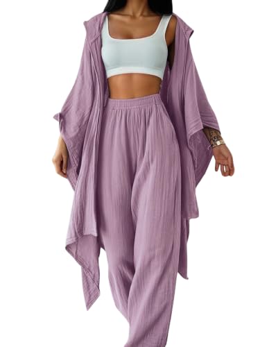 SOLY HUX Women's 2 Piece Linen Sets Hooded Kimono Cardigan High Waist Pants