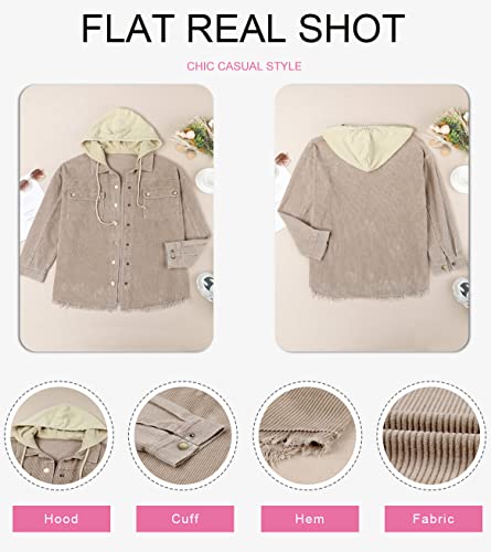 Dokotoo Ladies Corduroy Shacket Jackets For Women Fashion Contrast Color Block Oversized Hooded Long Sleeve Flannel Shirts Button Down Pocketed Casual Winter Fall 2023 Cardigans Outerwear Khaki M #TOP3