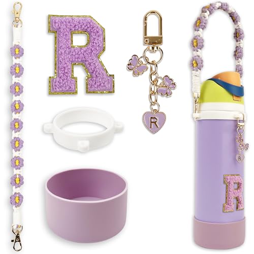 Silicone Boot Cute Monogram Set Compatible with Owala Water Bottle 32 oz - Perfect Letter Owala Accessories (Purple, R)