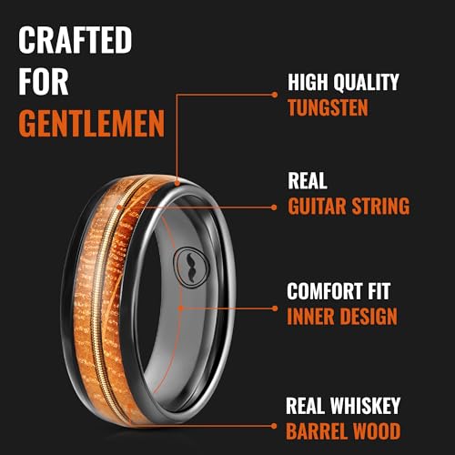 Men's Tungsten Carbide Wedding Band- Premium Grade Whiskey Barrel Wood with Guitar String Inlay Ring for Men(Black)-Includes Silicone Band, Leather Drawstring Pouch, & Luxury Walnut Box3