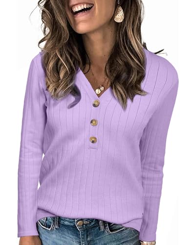 Image of DB MOON Womens Sweater V Neck Long Sleeve Ribbed Button Knit Solid Color Soft Top