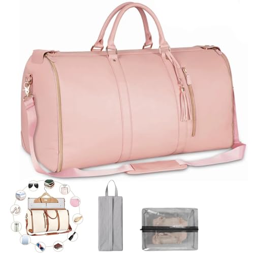 Foldable Travel Bag 2.0, Trendfetchus Foldable Travel Bag with Wheels, 45L Waterproof Large Capacity Pu Leather Travel Bags (Pink)