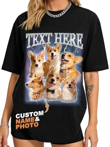 Custom4U Custom Photo Bootleg Rap T Shirt Personalized Face Shirt for Dog Cat Lovers Vintage Graphic Tee Gift for Men Women XS-4XL