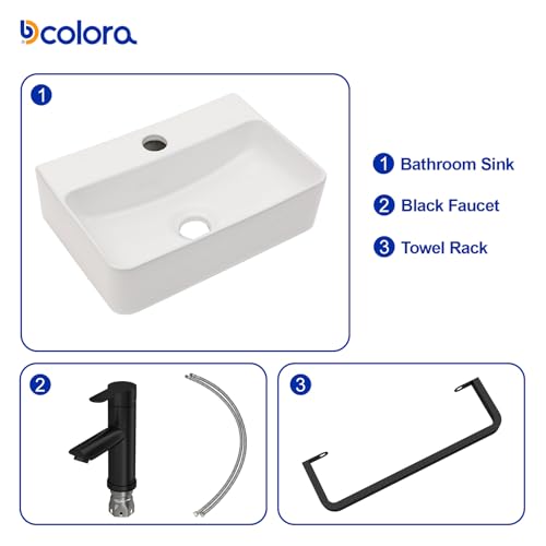 Dcolora 14"x10" Wall Mounted Bathroom Sink, Small Floating Sink Rectangular Ceramic Porcelain Wall Hung Sink with Black Faucet & Towel Rack, 10"D x 14"W x 4"H by Dcolora - Used condition - Image 3