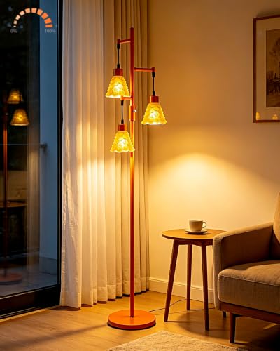 Image of Lightdot 67 inch Glass Floor Lamps for Living Room, 3-Light Dimmable Floor Lamp with Orange Glass Shade& Bulbs Included, Mid Century Standing Tall Lamp with 5Lbs Heavy Base for Bedroom /Sofa Beside