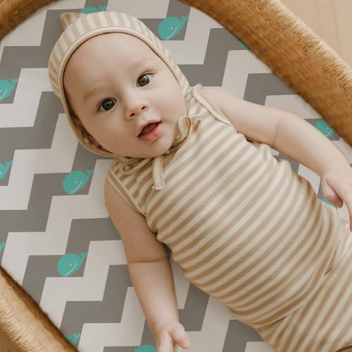 Image of Stretch Fitted Bassinet Sheet Set BROLEX 2 Pack Cradle Sheets for Bassinet Pad /Mattress,Unisex Boys Girls,Ultra Soft,Whale Cloud